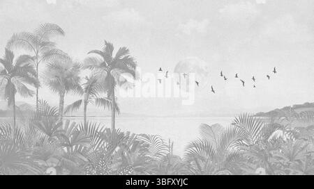 Moderne tropische Einrichtung: Tiefgraue Palmenstrände mit Vogelmotiv Stockfoto