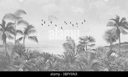 Gedämpftes Graues Tropisches Hintergrundbild: Vögel Über Palmen Und Küstenlandschaft Stockfoto