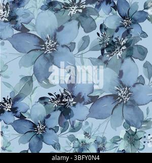 Aquarellblau Blumenmuster, nahtlos wiederholtes Muster, große Blumen, Babyblau. Nahtloses Muster aus blauem Blumenmuster mit Aquarell. Stock Vektor