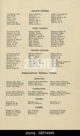 Seite 13 des 7. Jährlichen Mai-Musikfestivals in Indianapolis vom 13. Mai 1895 dokumentiert Auftritte des Maennerchors und anderer Gruppen aus der deutsch-amerikanischen Gemeinschaft, was die kulturelle Bedeutung der Veranstaltung unterstreicht. Stockfoto