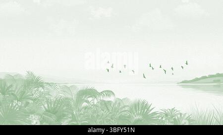 Minimalistisches Dekor an der Küste: Sanfter Green Palm Beach mit Vogelmotiv für Ruhe Stockfoto