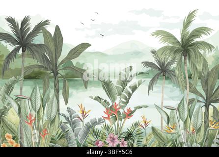 Botanisches Fototapete: Grüne Palmen, Exotische Blumen Und Ruhige Seeszene Stockfoto