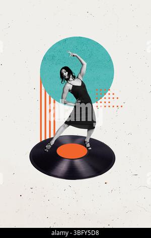 Poster Trend Skizze Vorlage 3D Foto Collage der jungen Dame Tanz Vinyl Eleganz elegantes Kleid Nacht Anlass Unterhaltung Clubber Stockfoto