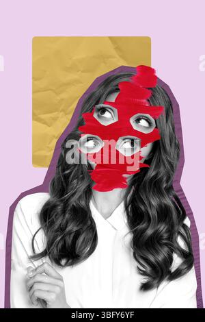 Skizze Bild Trend Artwork Montage Foto Collage der Silhouette Frau Kopf viele Augen Depression Burnout Psychotherapeut Persönlichkeitskrankheit Stockfoto