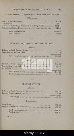 Auf Seite 83 des Jahresberichts der Stadt Columbus 1896 wird die finanzielle Zusammenfassung der Einnahmen und Ausgaben für das Geschäftsjahr vorgestellt. Stockfoto