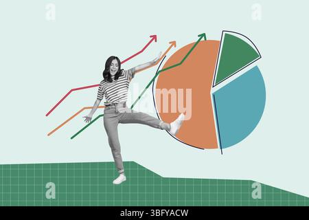 Collage einer glücklichen Person, die das Erreichen von Münzen Einkommen Finanzdiagramm Pfeile feiert, die Geldwachstum Geschäftserfolg symbolisieren Stockfoto