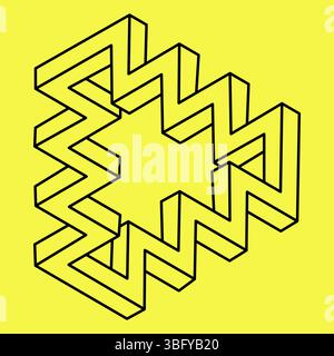 Unmögliche Formen, optischer Illusionsvektor. Optische Kunst. Schwarze Linien auf gelbem Hintergrund. Stock Vektor