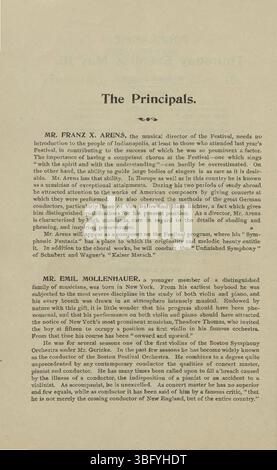 Das 7. Mai-Musikfestival, das am 13. Mai 1895 in Indianapolis stattfand, umfasste zahlreiche Teilnehmer aus dem Maennerchor und der deutsch-amerikanischen Gemeinschaft, mit diversen musikalischen Darbietungen, die die kulturelle Vielfalt der Region zelebrierten. Stockfoto