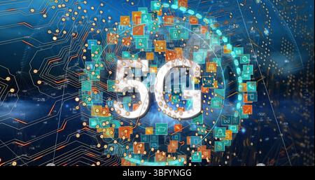 Bild von integrierten Schaltkreisen und technischen Symbolen auf der ganzen Welt mit Symbolen, 5 g und marineblauem Hintergrund Stockfoto