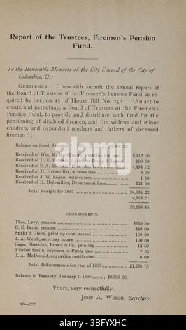 Diese Seite des Jahresberichts der Stadt Columbus 1895-1896 bietet einen Überblick über die Einnahmen und Ausgaben der Stadt sowie eine Finanzübersicht für das Jahr 1896. Stockfoto