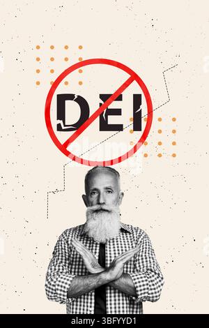 Poster Foto vertikale Collage von ernsthaften alten Mann Show gekreuzte Hände Geste dei verbotenes Symbol Behinderung Integration Marketing Stockfoto