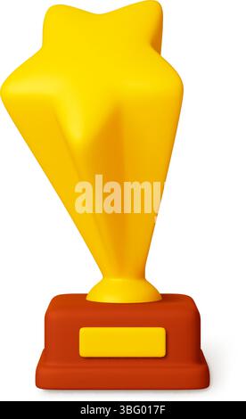 Goldene 3D-Trophäe. Design mit isoliertem Star-Siegerpokal. Preis für Unterhaltung, Sportwettbewerbe oder wissenschaftliche Entdeckungen, Vektordarstellung Stock Vektor