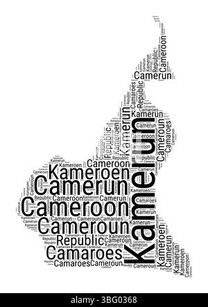 Schwarz-weiße Wortwolke in Kamerun-Form. Einfache typografische Darstellung des Landes. Kamerunische schwarze Textwolke auf weißem Hintergrund. Stock Vektor