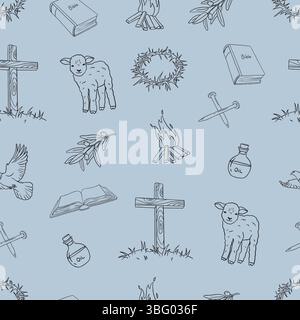 Christian Line Symbols Sketch, Religion Hand gezeichnete Kunst, biblische Symbole kritzeln. Vektorabbildung Stock Vektor