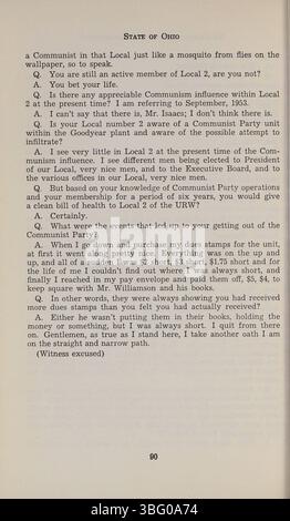Aufzeichnungen aus den Jahren 1953 bis 1954, in denen Aussagen der Ohio UN-American Activities Commission on Communist-related Investigations dokumentiert wurden. Stockfoto