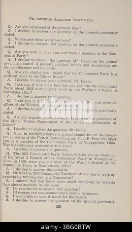 Dieses Dokument enthält Zeugenaussagen aus den Anhörungen der Ohio UN-American Activities Commission von 1953 bis 1954, die sich auf die Untersuchung mutmaßlicher kommunistischer Subversion und politischer Aktivitäten während des Kalten Krieges konzentrierten. Stockfoto
