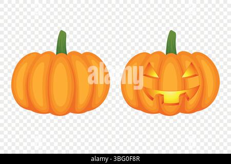 Vector Cartoon Pumpkins Kollektion mit geschnitzten Gesichtern. Flaches Set Mit Bunten Kürbis-Stickern. Designvorlagen für Halloween, Herbst, Ernte. Süß und lustig Stock Vektor