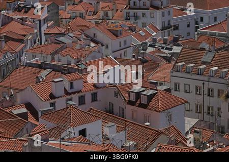 Das übliche, rote Terrakottafliesen auf dem Dach von Lissabon, Portugal, wird an einem sonnigen Tag gezeigt. Stockfoto