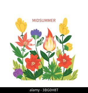 Mittsommer-Illustration mit Blumen und Feuer Stock Vektor