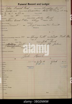 Dieser Eintrag aus dem Funeral Record and Ledger von 1911-1915, erstellt von der Charles C. Siferd Undertaking Company, enthält die Namen, Daten, Todesursachen und Beerdigungsvereinbarungen für den Verstorbenen, mit Begleitinformationen und Kosten. Stockfoto