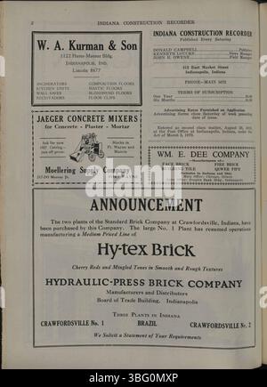 Der Indiana Construction Recorder vom 21. Mai 1927 ist die offizielle Publikation der Indiana Society of Architects, die sich auf Bauverbände, Baumaterialien und Werbung für vergebene Bauaufträge und laufende Projekte in Indiana konzentriert. Stockfoto