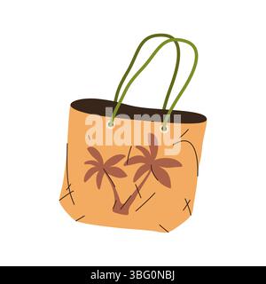 Vektor-Symbol für Strandtasche. Clipart von Sommerkoffer zum Tragen von Badeaccessoires. Seereisen und Seereisen. Modesymbol am Meer mit Palme und Streifen. Picknickaufbewahrung und Ferienort. Stock Vektor
