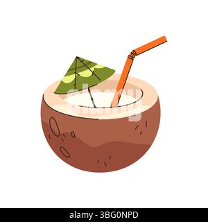 Kokosdrink oder Cocktail mit Strohhalm und Regenschirm. Vektor-Symbol für tropische Früchte in Hälften mit Saft geschnitten. Getränke für Sommerurlaub und Strandbar. Exotischer Mocktail für die Insel. Freizeit, Entspannung Stock Vektor