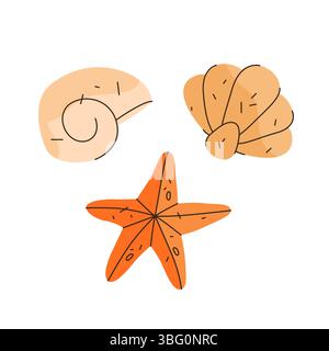 Set von Beach Shell Vektor-Symbol. Meer oder Ozean, tropisch oder am Meer, Meereszeichen. Spiralmuschel und gekrümmte Muschelform. Unterwasser-Muscheln und Muscheln. Sommer maritimer Natur. Wasserurlaub Symbol Stock Vektor