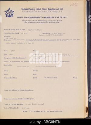 Der Band von 1941 dokumentiert Grabstätten für Soldaten aus Ohio aus dem Krieg von 1812. Es ist Teil einer mehrbändigen Serie, in der Grabstätten und Abstammungsdetails dieser Soldaten aufgezeichnet werden. Stockfoto