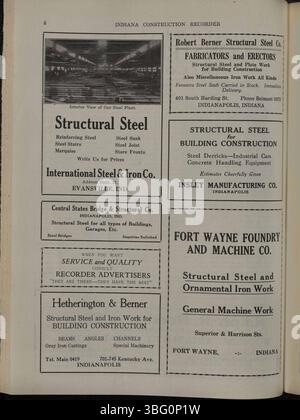 Diese Ausgabe des Indiana Construction Recorders vom 28. Mai 1927 enthält Artikel und Updates zu Bauverbänden, Baumaterialien, Werbung für Auftragnehmer und vergebenen Aufträgen in Indiana. Stockfoto