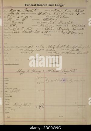 Das Funeral Record and Ledger 1911-1915 von Charles C. Siferd bietet detaillierte Informationen über jede Person, einschließlich persönlicher Angaben, der Art des gewählten Sarges, seines Herstellers und der finanziellen Aspekte der Beerdigung. Stockfoto