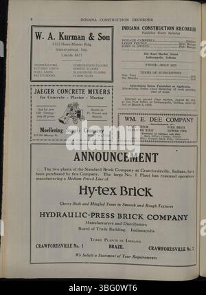 Diese Ausgabe des Indiana Construction Recorders vom 14. Mai 1927 enthält Updates zu Bauunternehmerverbänden, neuen Bauprojekten, Baumaterialien und Anzeigen zu Bauaufträgen in ganz Indiana. Stockfoto