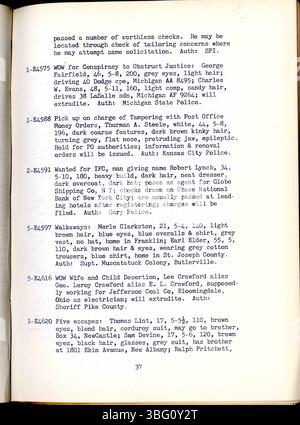 Die Ausgabe des Indiana Law Enforcement Digest vom März 1940 enthält umfassende Informationen über die Indiana State Police, ihre Büros, Kriminalstatistiken und Listen gesuchter Personen. Die Publikation bietet einen Einblick in die Aktivitäten der Strafverfolgungsbehörden in Indiana während dieser Zeit. Stockfoto