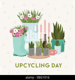 Upcycling-Tag. Set von Upcycling-Elementen. Handgefertigte und selbstgebaute Zweitverwendung. Ökologischer, vernünftiger Konsum und nachhaltiges Lebenskonzept. Handgezeichnet Stock Vektor