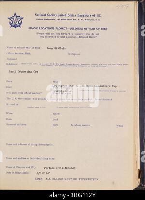 Dieser Band aus dem Jahr 1941 identifiziert die Grabstätten von Soldaten aus Ohio aus dem Krieg von 1812 und liefert kritische Dokumentation ihrer Gräber. Es ist Teil eines größeren, mehrvolumigen Satzes historischer Datensätze. Stockfoto
