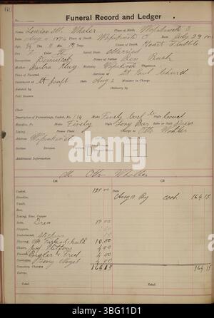 Diese Seite aus dem Funeral Record and Ledger der Charles C. Siferd Undertaking Company dokumentiert Beerdigungen zwischen 1911 und 1915. Sie umfasst persönliche und medizinische Informationen über den Verstorbenen, Beerdigungsvereinbarungen, Details zu den Schatullen und damit verbundene Kosten. Stockfoto