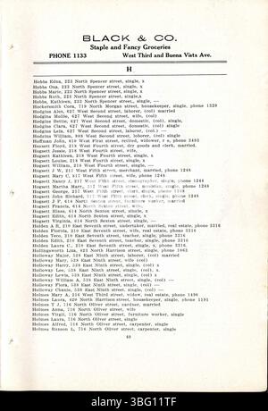 Auf Seite 55 des Stadtwahlverzeichnisses von 1911 in Rushville werden lokale Geschäftsanzeigen und Details zu religiösen Einrichtungen angezeigt. Stockfoto