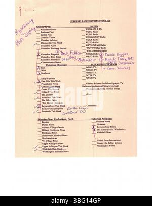 Diese Sammlung von Pressemitteilungen vom Januar 1996 zeigt Updates, die an lokale Columbus-Zeitungen, Radio- und Fernsehsender gesendet wurden. Die Veröffentlichungen kündigen verschiedene Bibliotheksprogramme, Schließungen, Eröffnungen, Akquisitionen und Jubiläen an. Stockfoto