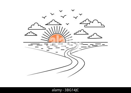 Sonnenuntergang durchgehende, einzeilige Zeichnung der wunderschönen Landschaft Stock Vektor