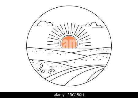 Sonnenuntergang durchgehende, einzeilige Zeichnung der wunderschönen Landschaft Stock Vektor