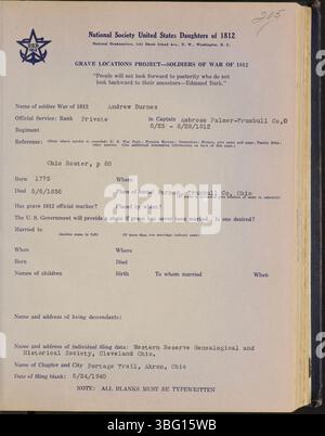 Diese Seite ist Teil eines mehrbändigen Sets aus dem Jahr 1941 und listet Grabstätten für Soldaten aus Ohio auf, die im Krieg von 1812 dienten, und bietet wertvolle Informationen für Forscher der Militärgeschichte und -Genealogie. Stockfoto