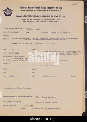 Diese 1941 erschienene Publikation enthält einen Katalog der Grabstätten für Soldaten aus Ohio, die im Krieg von 1812 kämpften. Es ist Teil eines mehrbändigen Sets, das sich mit der Identifizierung von Grabstätten befasst und für die Erforschung militärischer und genealogischer Geschichte verwendet wird. Stockfoto