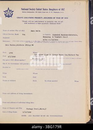 Dieser Band setzt die Bemühungen fort, die Grabstätten des Krieges der 1812 Soldaten in Ohio zu identifizieren. Es dient als wichtige historische Ressource für Forscher und Genealogen, die die letzten Ruhestätten dieser Veteranen im ganzen Bundesstaat aufspüren wollen. Alternative Titel sind „Ohio Soldiers, Begräbnisstätten, war of 1812“. Stockfoto