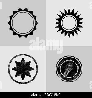 Satz von verdeckten Kreisstempeln und Stempeln mit Grunge-Texturen, isoliert auf grauem Hintergrund, Vektorillustration Stock Vektor
