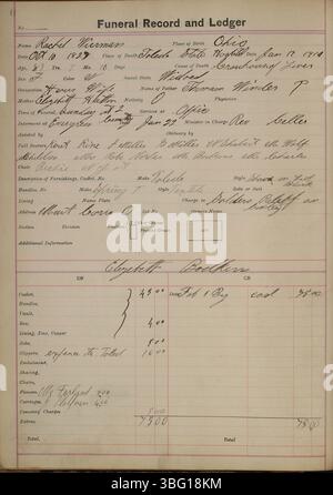 Seite 51 des Bestattungsbuchs 1911-1915 der Charles C. Siferd Undertaking Company bietet detaillierte Informationen über den Verstorbenen, einschließlich Name, Todesursache, Arzt, Familie, Religion, Schatullen und Beerdigungskosten. Das Hauptbuch dient als wichtige historische Aufzeichnung der Bestattungspraktiken im Ohio des frühen 20. Jahrhunderts. Stockfoto