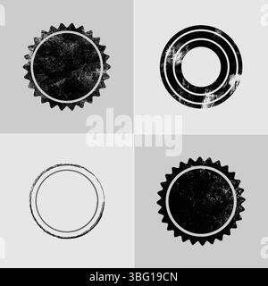 Satz von verdeckten Kreisstempeln und Stempeln mit Grunge-Texturen, isoliert auf grauem Hintergrund, Vektorillustration Stock Vektor