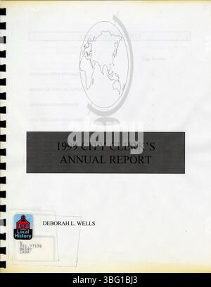 Der Jahresbericht 1999 der City Clerk für Hilliard, Ohio, enthält eine Zusammenfassung der Aktivitäten mehrerer Stadtkommissionen, einschließlich des Hilliard City Council und der Planning and Zoning Commission. Stockfoto