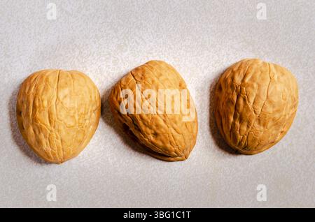 Drei Walnussschalen für ein Muschelspiel auf grauem Hintergrund Stockfoto