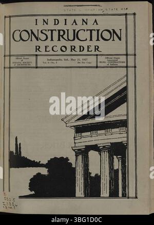 The Indiana Construction Recorder, datiert vom 21. Mai 1927, ist eine offizielle Publikation der Indiana Society of Architects. Es enthält Artikel über Bauverbände, Baumaterialien und Anzeigen für vergebene Bauaufträge und verschiedene Projekte in Indiana. Stockfoto