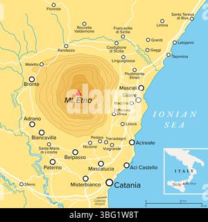 Ätna, politische Karte. Ätna, auch Mongibello genannt, aktiver Stratovulkan an der Ostküste Siziliens in der Metropolitanstadt Catania. Stockfoto